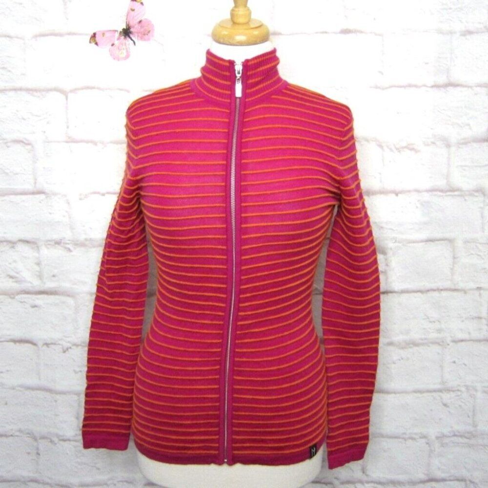 Neve Orly Pink Orange Striped Merino Wool Full Zip Sweater size S Ski Snowboard